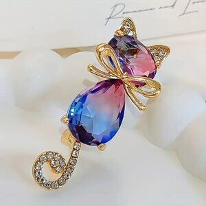 Cute Cat Design Brooch with Rhinestones - NEW - 1.77 in L x 0.71 in W